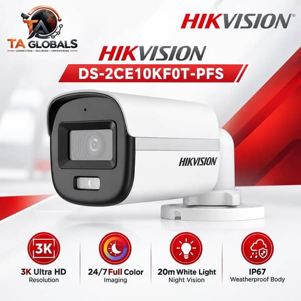Hikvision DS-2CE10KF0T-PFS | 3K ColorVu Camera | 4-in-1 Bullet Camera | 24/7 Full Color Imaging | IP67 Weatherproof | Clear Night Vision | Outdoor Security Surveillance | CCTV Security Camera