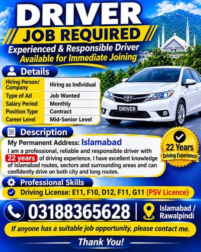 Experience Driver required  for full time job in islamabad