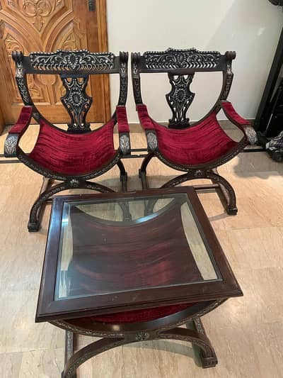 2 bedroom chairs with table.   baby swing .    2  tables