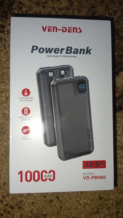 10000 mAh Power bank with 22.5w fast charging and built in cables
