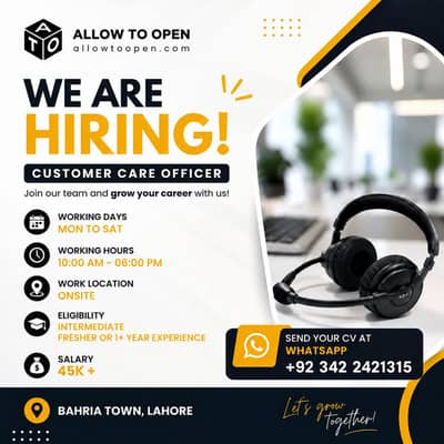Hiring – Customer Care Officer Only Female | Bahria Town