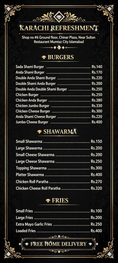 KARACHI REFRESHMENT BURGER, SHAWARMA, FRIES