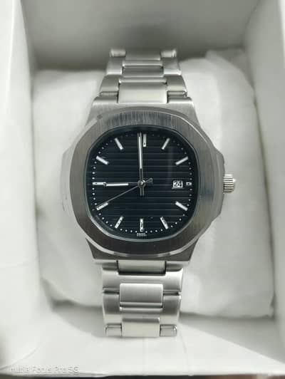 Luxury Nautilus Style Gents Watch - Silver Black - Butterfly Lock