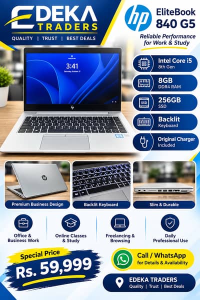 HP EliteBook 840 G5 Core i5 8th Gen 8GB RAM 256GB SSD Original Charger