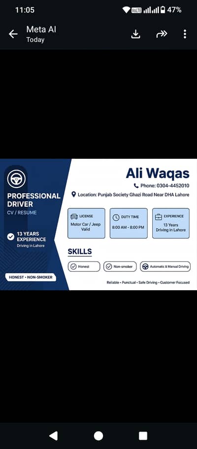 13 Years Experience Car Jeep Driver - DHA Punjab Society - 8AM-8PM