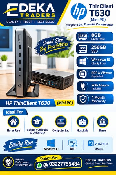 HP Thin Client T630 Mini PC 8GB DDR4 RAM 256GB SSD with Adapter