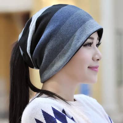 Double layered striped head wrap cap for women