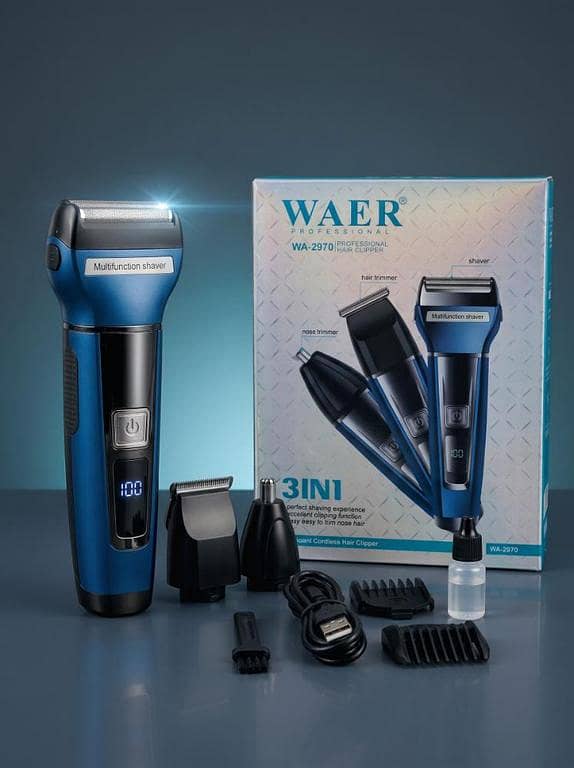 Original WAER WA-2970 Multifunction 3-in-1 Men's Grooming Kit – Fast Charging & Digital Screen