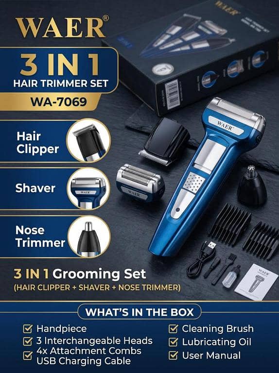 Original WAER WA-7069 3 IN 1 Rechargeable Hair Trimmer & Shaver Set