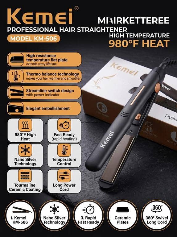 Kemei KM-506 Salon-Grade Hair Straightener Flat Iron (Brand New, Box Packed)