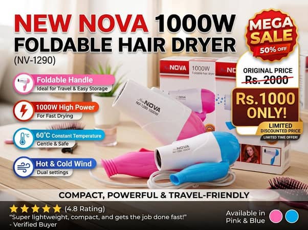 50% OFF Mega Sale! New Nova 1000W Foldable Hair Dryer (Hot & Cold Wind)