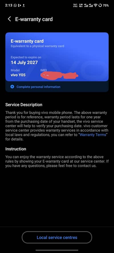 Vivo Y05 8/128 condition 10 by 10 warranty available 14 July 2027