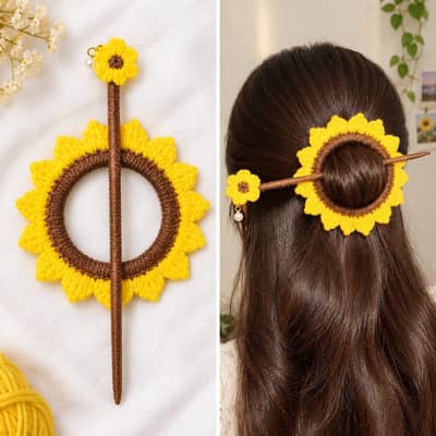 Handmade Crochet Sunflower Hair Cuff with Hair Stick for Women & Girls