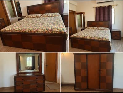 Elegant Wooden Bedroom Furniture Set – Bed, Wardrobe & Dressing Table