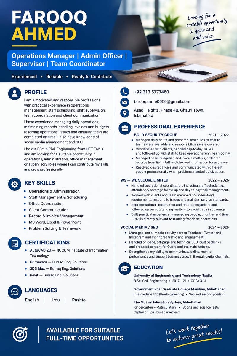 Operations Manager | Admin Officer | Supervisor | Team Coordinator 0