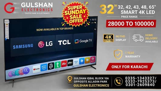 SUNDAY SALE LED TV 32, 43, 48, 55, 65, 75, INCH SAMSUNG 4K UHD LED TV