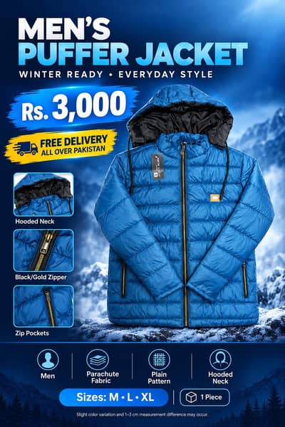 Men blue parachute puffer jacket hooded winter warm