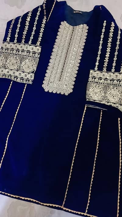 velvet royal blue dress with golden work length  medium xl size