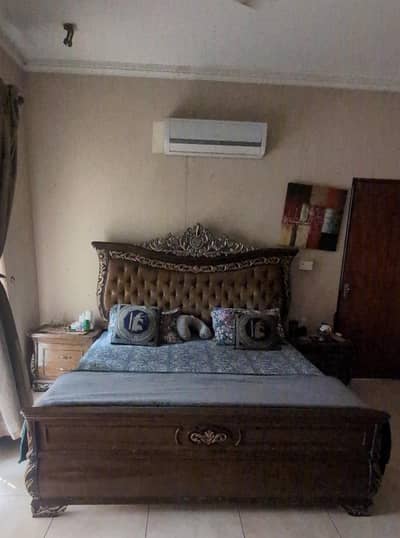 Carved Wood King Bed Set with Tufted Headboard & Dressing Table