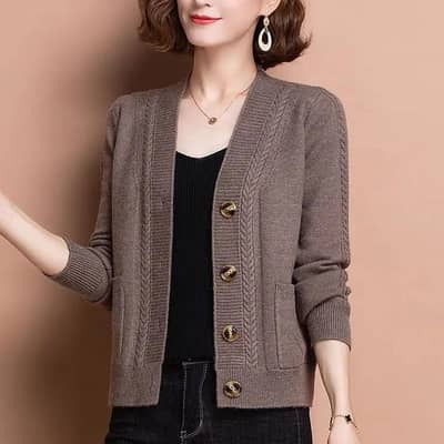Women Knitted Cardigan Brown Button Autumn Style  Price Km Hogaye Gii