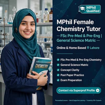 MPhil Female Chemistry Tutor FSc & Matric Online & Home Lahore