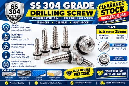 SS 304 Grade Self Drilling Screws (5.5mm x 25mm) - Wholesale Deal