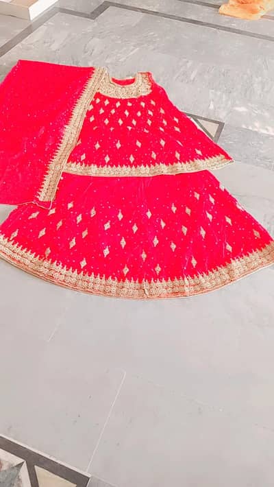 only a few hours worn . red color bridal lehenga
