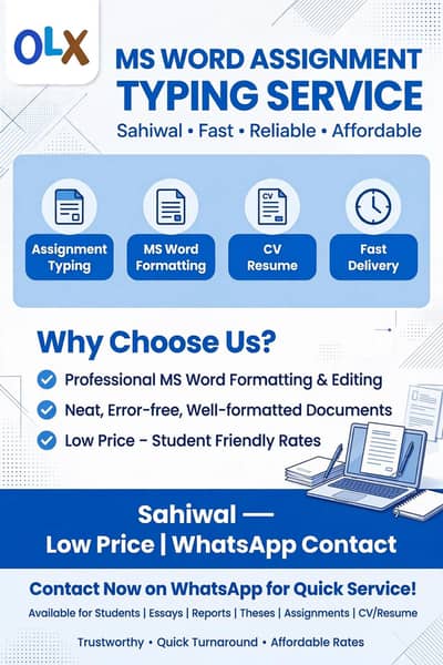 MS Word Assignment Typing, Formatting, CV -  sahiwall - Fast Service