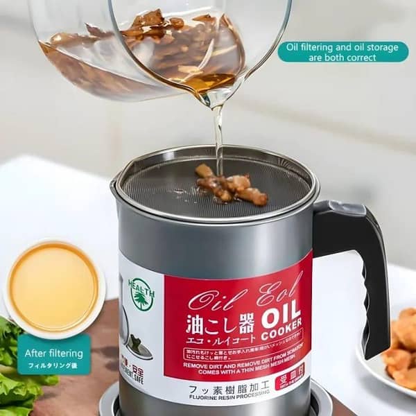 T  Stainless Steel 1.4-Liter Cooking Oil Strainer Pot with Filter and Thick Chassis for Efficient Grease Filtration