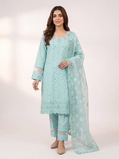 3 pieces sky blue Sheesha work dress. Small size