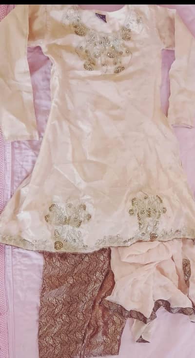 Girls Fancy 3-Piece Party Wear-Peach Tissue Frock