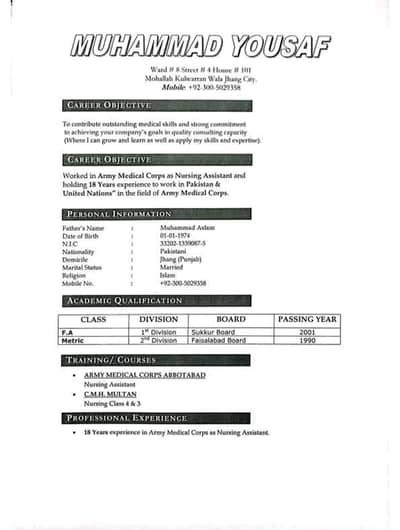Ex Army Nursing Assistant