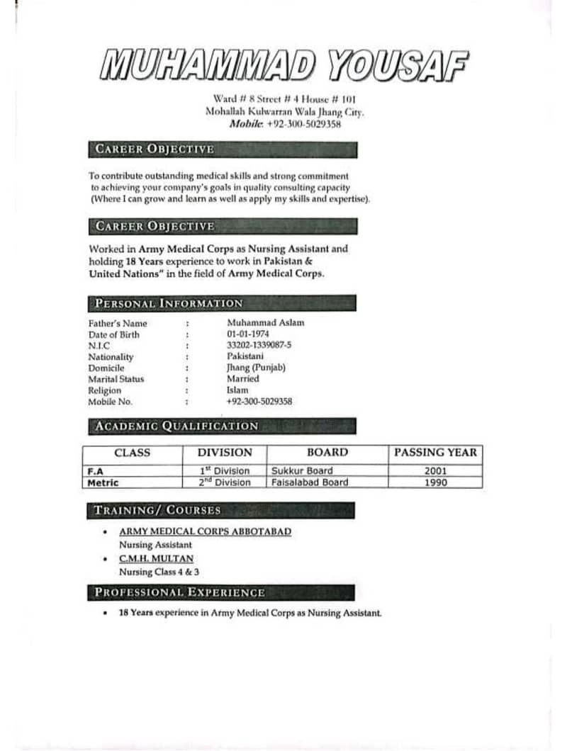 Ex Army Nursing Assistant 0