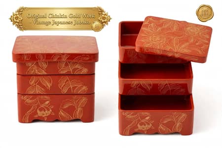 Vintage Japanese 3-Tier Jubako Box Original Gold Work - Antique`