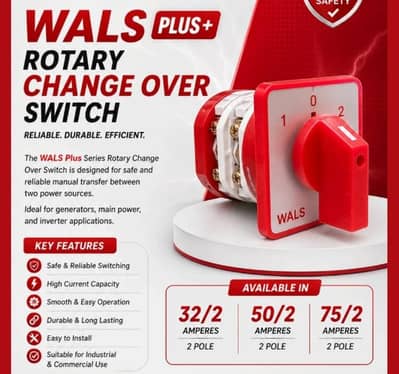 WALS Plus Rotary Changeover Switch | 32A 50A 75A | 2 Pole