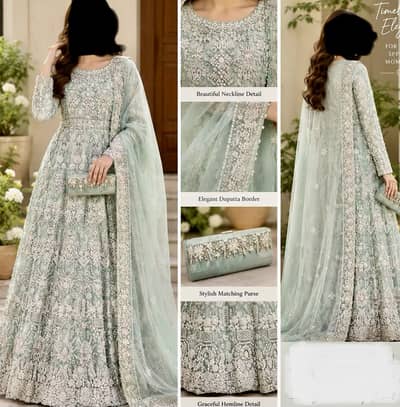 Heavy Embroidered Mint Green Walima Maxi with Dupatta & Matching Purse
