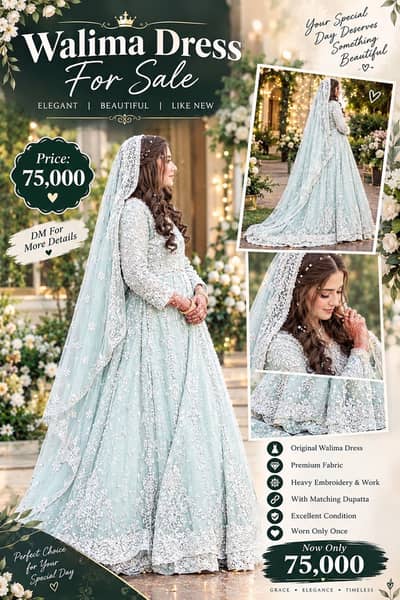 Beautiful Bridal Walima Dress for Sale - Ice blue heavy embroidery