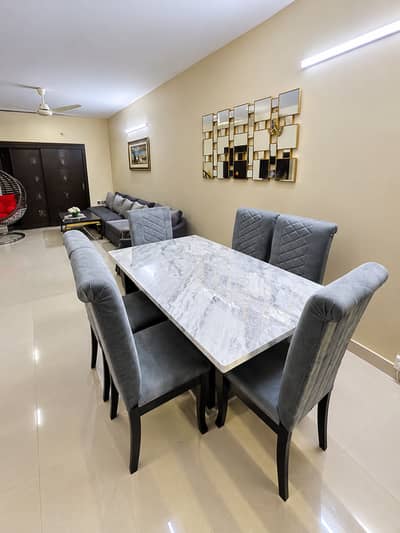 Elegant Dining Table Set with 6 Grey Upholstered Chairs