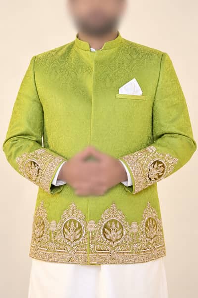 Parrot Green Mehendi Prince Coat, Hand Embroidered Zardozi + Shoes
