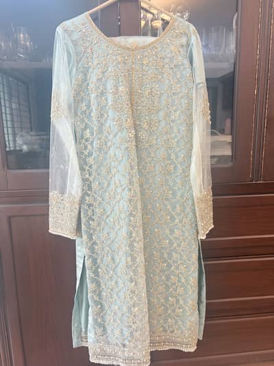 Mint green luxury embroidered formal dress (Front & Back)