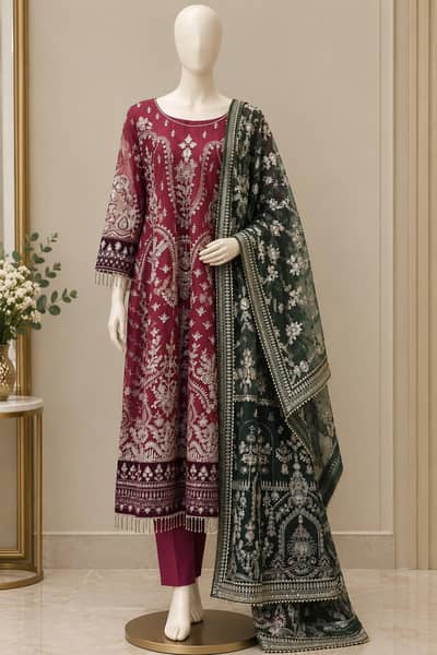 Elegant Maroon & Dark Green Embroidered Party Wear Dress