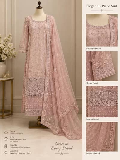 Elegant Dusty Pink Embroidered 3-Piece Suit