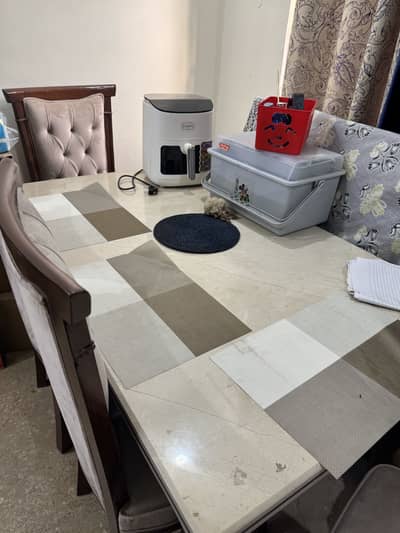 Wooden Dining Table Set with Marble Top – 6 Chairs