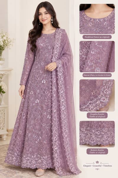 Elegant Dusty Mauve Embroidered Maxi with Matching Dupatta and trosure