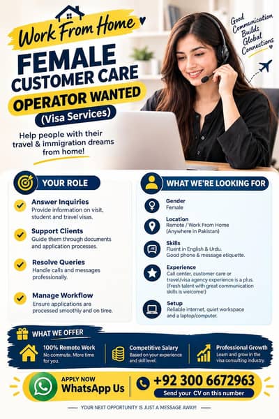 Remote Female Customer Care Operator - Visa Services (Work From Home)