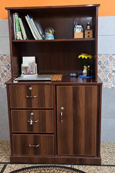 Dark Brown Wooden Study Table with Shelves, Drawers & Storage Cabinet