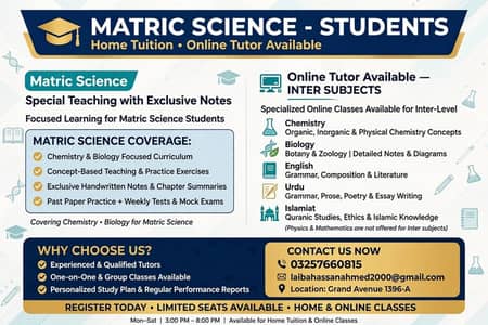 Home tuitions available for Matric sci. students • 8 yrs Experience