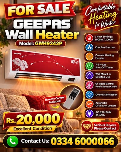 GEEPAS GWH9242P Wall Heater with Remote – 2000W