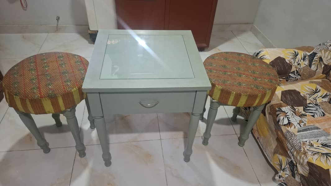 Square Table with drawer and stools 2