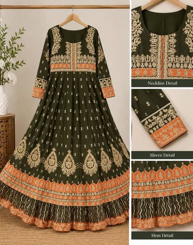 Partywear Olive Green Anarkali Maxi Dress with Golden Embroidery